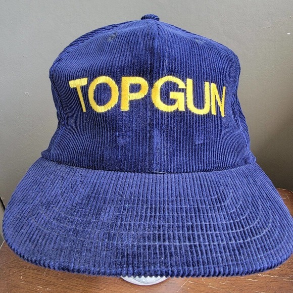 Vintage 1980s TOP GUN Blue & Yellow Corduroy Snapback Cap Hat Yupoong - Picture 2 of 9